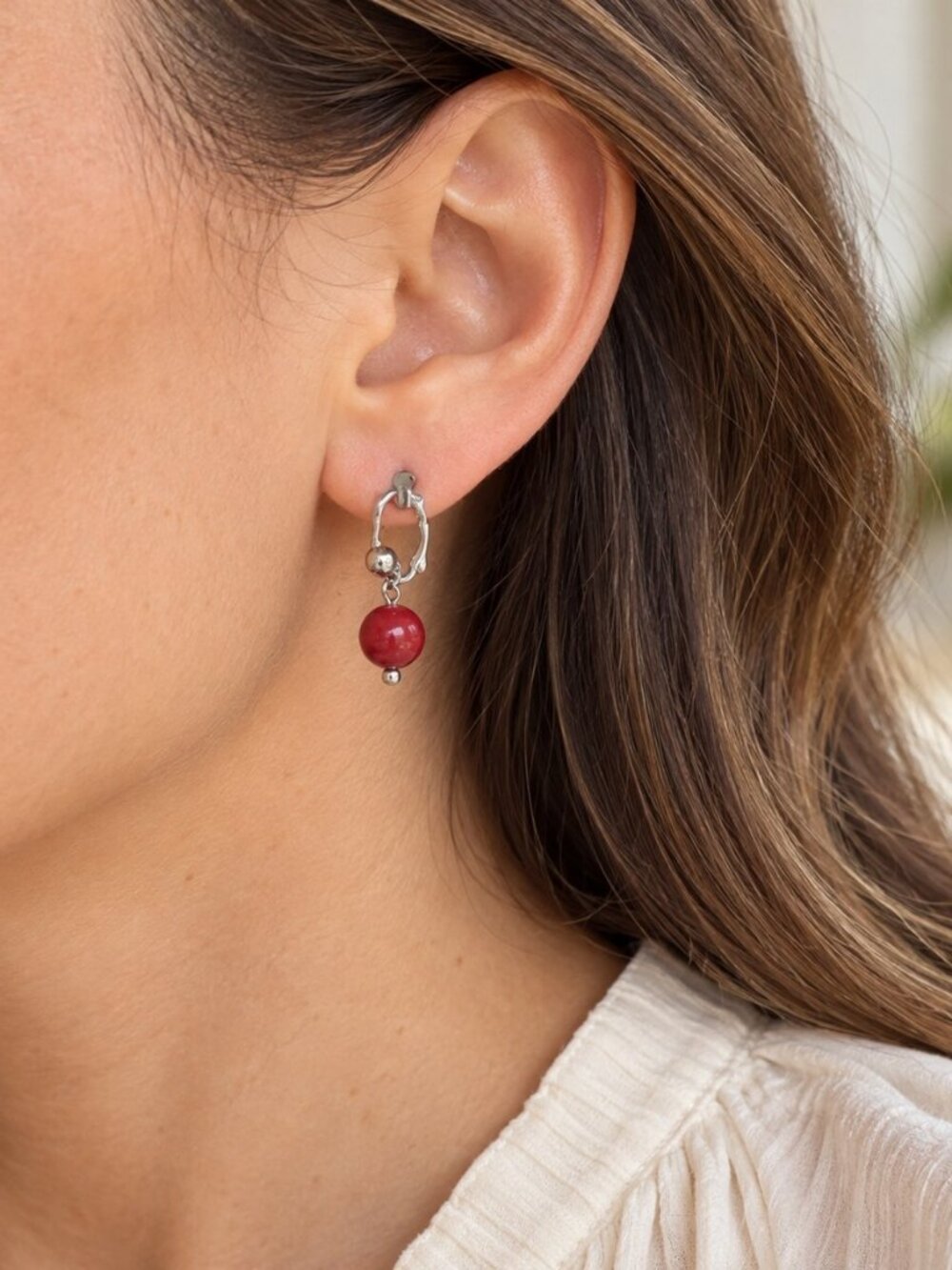 NWT Red Bead Silver Tone Drop Dangle Earrings Y2K Boho Pierced